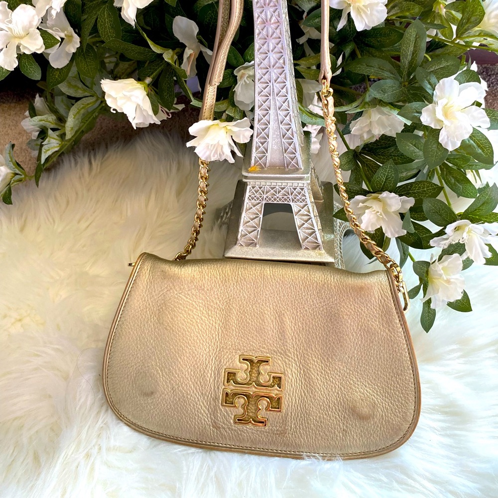 Tory Burch Metallic Gold Leather Britten Crossbody Bag